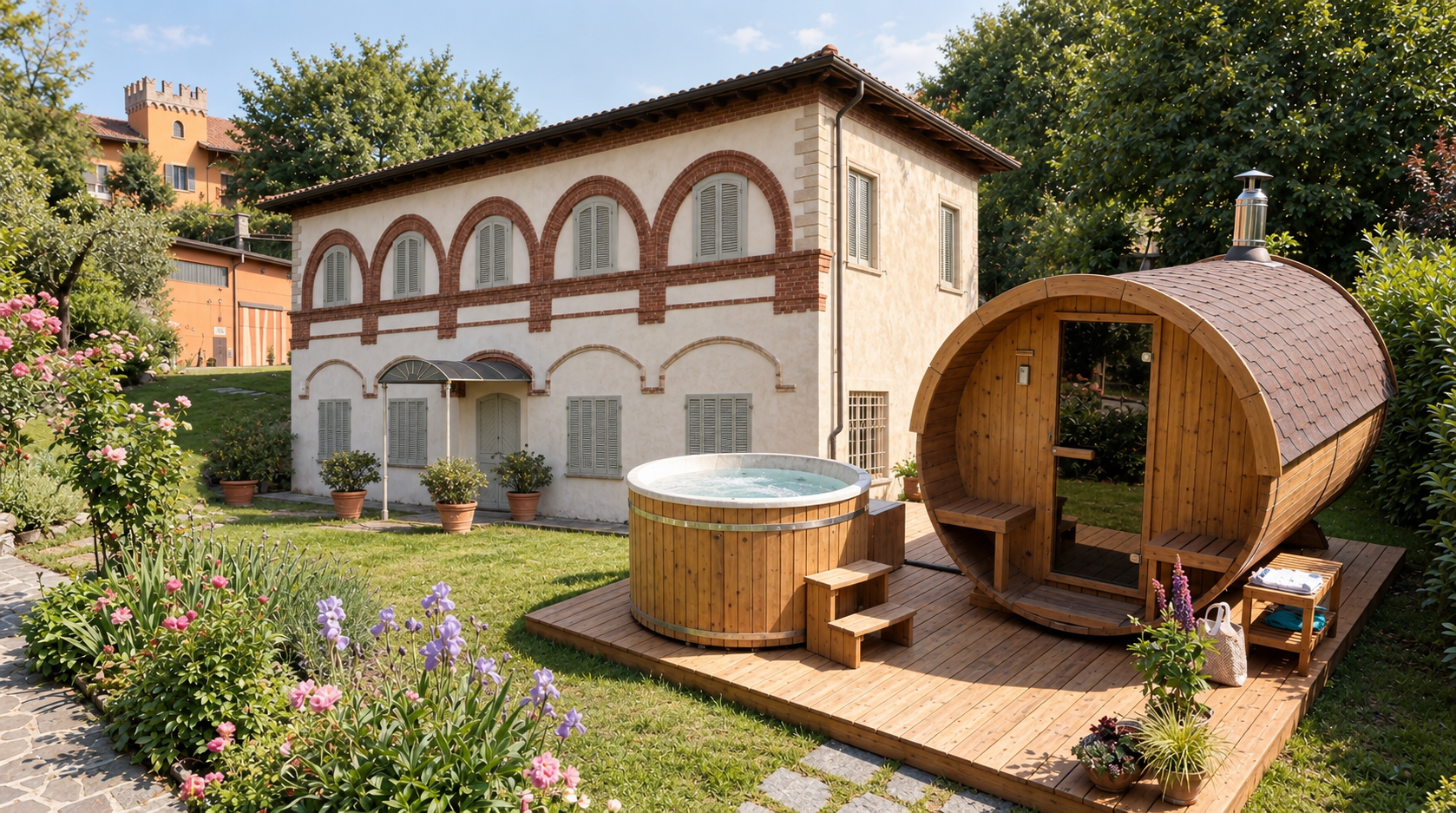 Illustrazione della casetta con giardino, tinozza in legno e sauna a botte